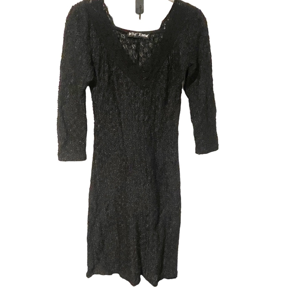 Betsey Johnson Vintage Size Small Black Sheer Popcorn Deep V Lace Trim Dress